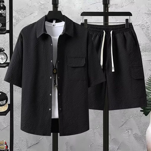 남성용 레트로 캐주얼 카라 반팔 셔츠 숏 팬츠 반바지 루즈핏 데일리 상하세트 2피스