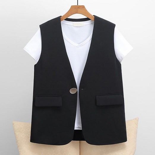 IWMAFT 여성 봄가을 숏 정장조끼 브이넥 싱글 버튼 루즈핏 데일리 레이어드 KT222