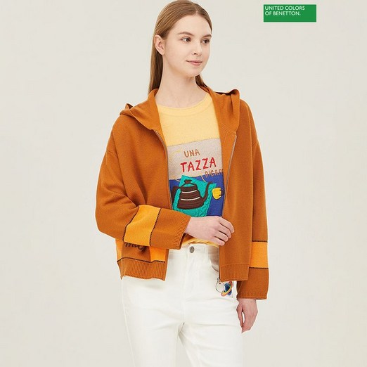 베네통 커피 자카드 후드 니트 집업 BAKC12411