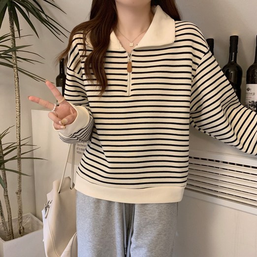 SAHINER 기모 반집업 스트라이프 니트 루즈핏 데일리 캐주얼 WY02