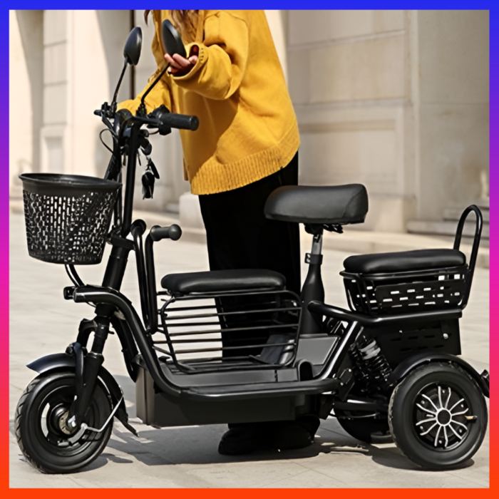 산타고 3인용 세발 전기 자전거 전동 스쿠터 삼륜 오토바이 노인 성인, 블랙, 경량스틸