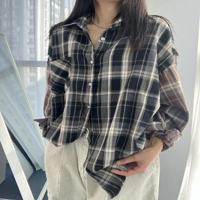 체크 배색 루즈핏 남방 오버핏 셔츠 면 가을 셔츠 체크 배색 루즈핏 남방 오버핏 셔츠 면 가을 셔츠