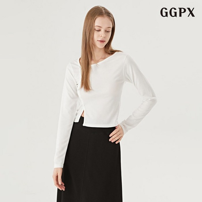 GGPX 사선 트임넥 사이드 버튼 크롭 긴팔 티셔츠  GOALW001D