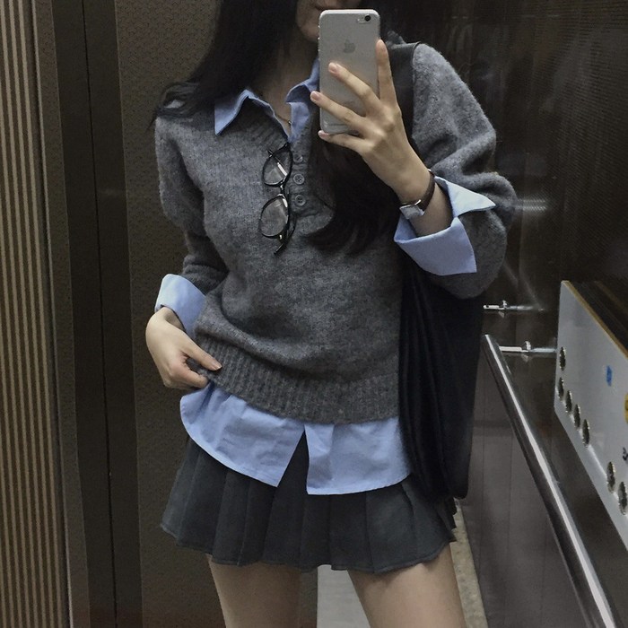 모던스튜디오 여성 깔끔핏 일체형 셔츠 레이어드 니트