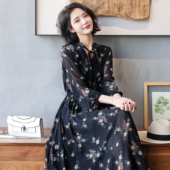 ANYOU 여성 쉬폰원피스  꽃무늬 쉬폰 빅사이즈 원피스