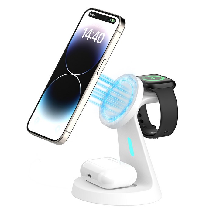 뉴클 3IN1 맥세이프 마그네틱 무선 고속충전 스탠드 충전기, 화이트