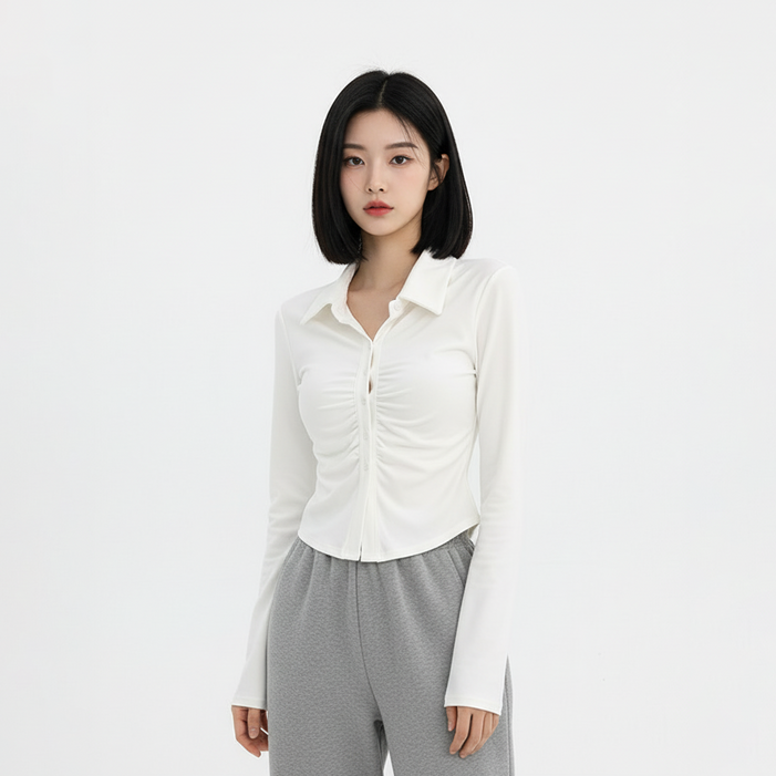 마켓피아 여성용 셔링 카라넥 긴팔 블라우스