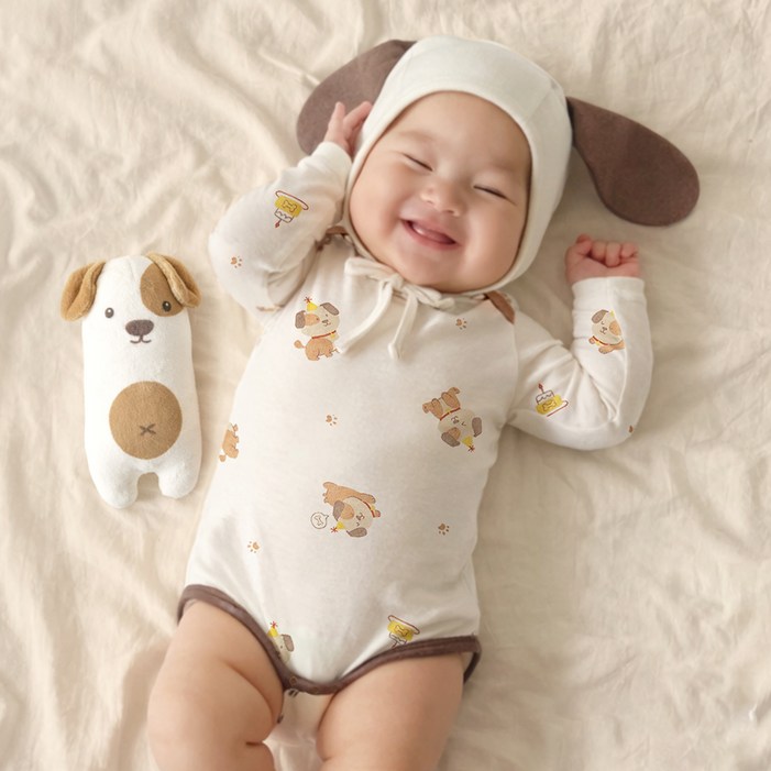 ikii 신생아용 바디수트 긴소매 모자 인형 세트 ikii 신생아용 바디수트 긴소매 모자 인형 세트