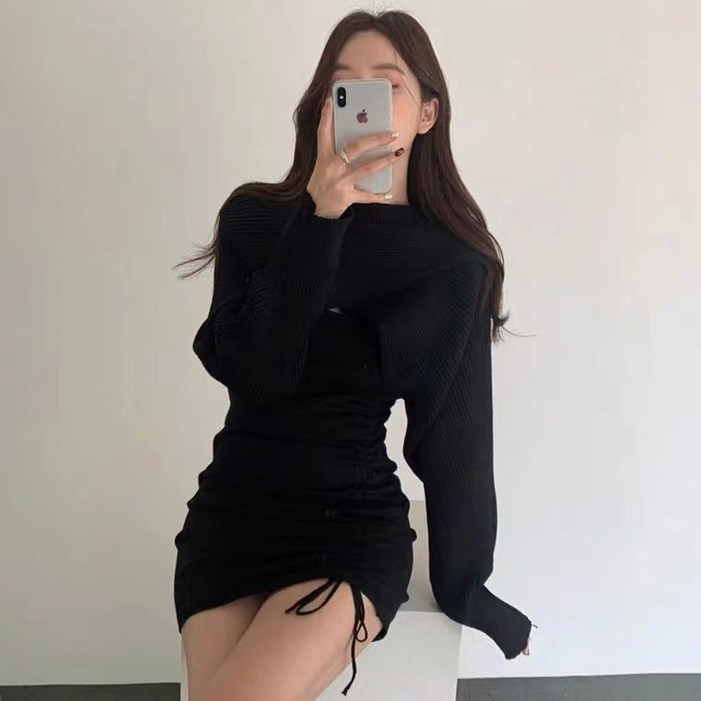 아이엠몽 여성용 미라보 셔링 스트링 볼레로 슬림 미니 원피스