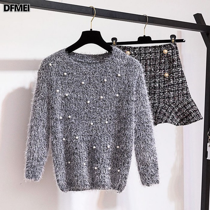 DFMEI 가을 여성복 여신 패션 스웨터 스커트 세트 투피스 초가을