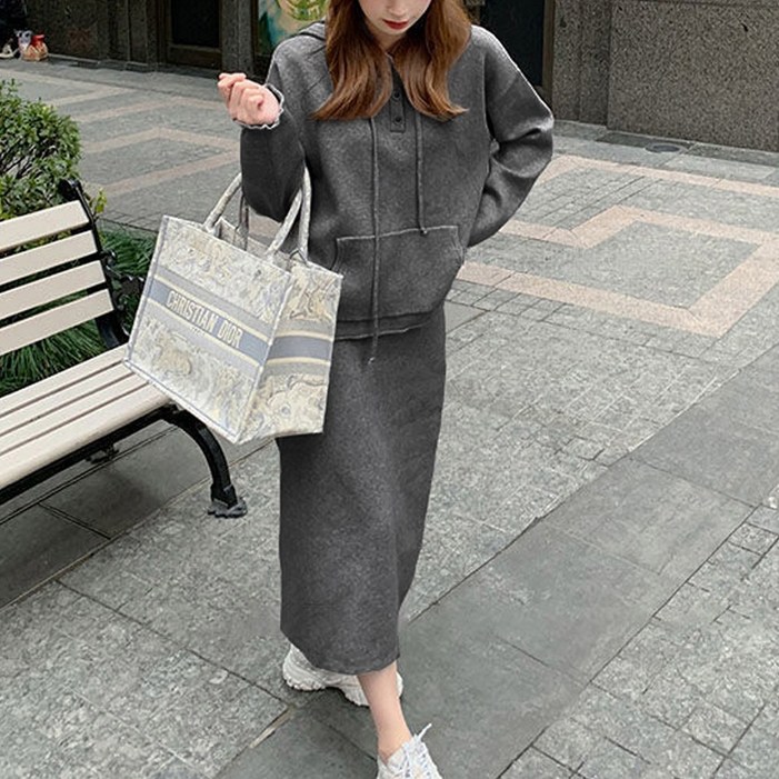 여성 트레이닝 세트 니트 티셔츠 밴딩 스커트 치마