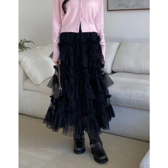캉캉 프릴 튤 레이어드 밴딩 롱스커트
