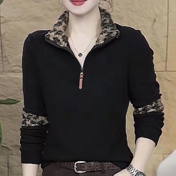 ROYALBELLE 여성 스탠드넥 반집업 레오파드 배색 루즈핏 캐주얼 빅사이즈 긴팔 맨투맨 V01012202