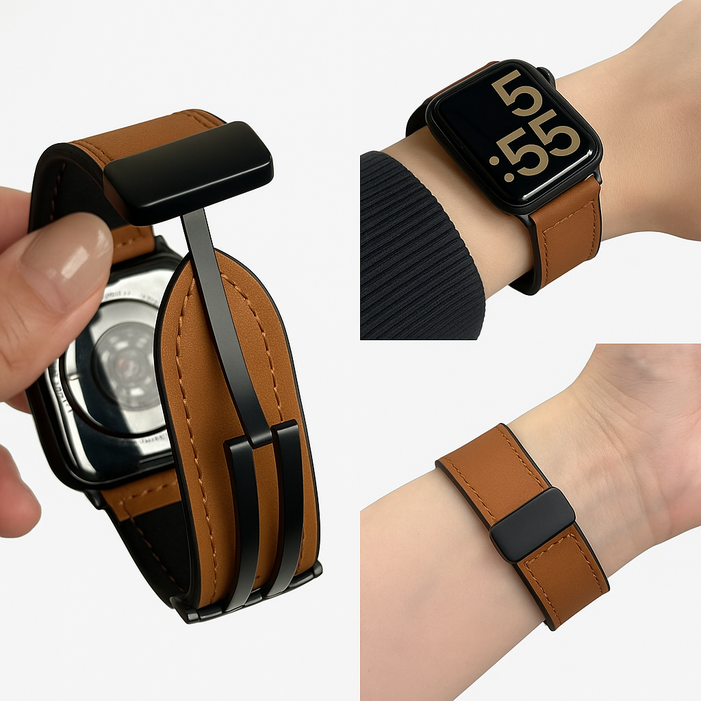 모드니쓰 애플워치 호환 가죽 마그네틱 스트랩, 브라운
