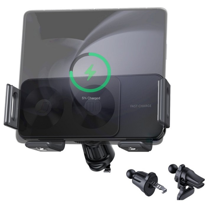 isee아이시 폴드3456호환 차량용 휴대폰 15W고속 무선 충전 거치대, 블랙, 1개