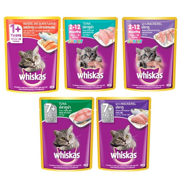 위스카스 파우치 80g 고양이 습식 사 먹이 팩 주식 주니어 성묘 시니어 참치 고등어 연어, 80g, 1개, 주니어 참치