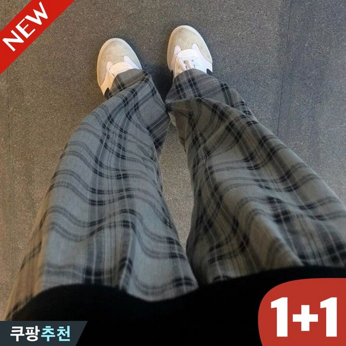 신상 추천 11 날씬해보이는 여성 시카고 체크 디자인 일자 팬츠 봄 가을 편한 고급 코디 가볍고 학생 외출용 하이웨이스트 허리 밴딩 와이드 긴바지 부드러운 간절기 데일리 바지