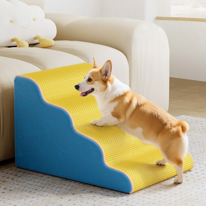 강아지 계단 펫계단 미끄럼방지 슬로프 계단 논슬립 슬개골보호 4단 커브 스텝, 1개, 블루