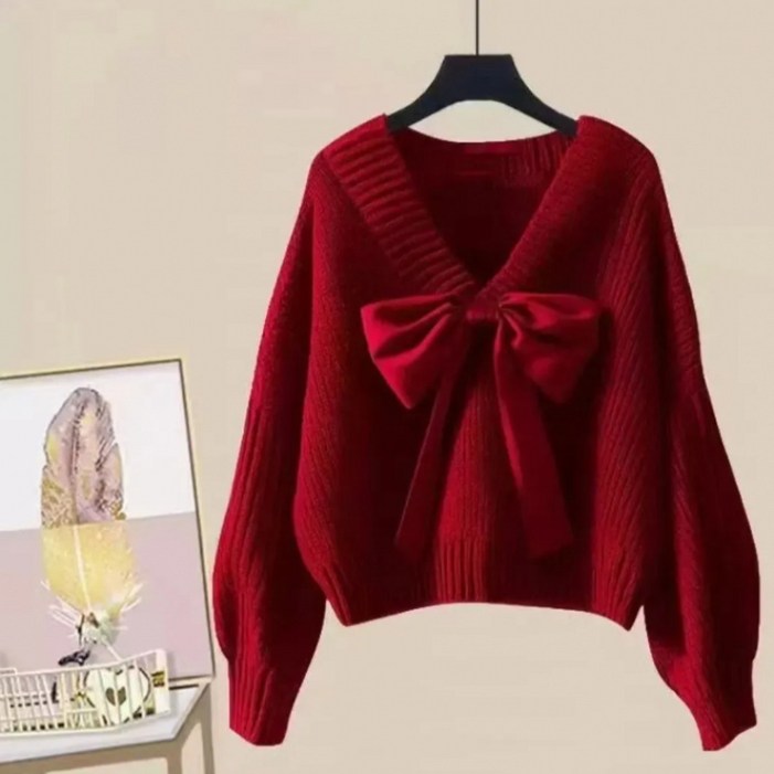 해피유통  여성 가을겨울 털실 브이넥 리본 니트 루즈핏bhf