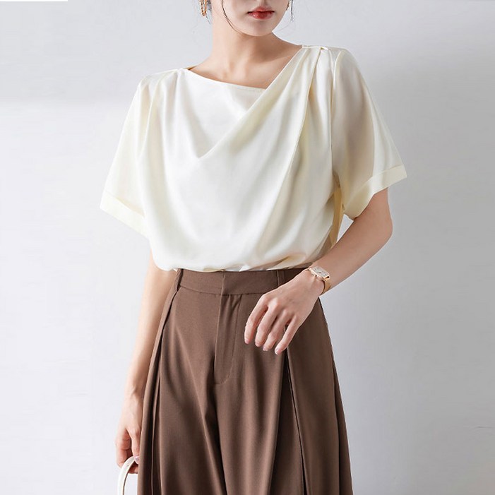 새틴 드레이프 쉬폰 여성 정장 반팔 블라우스