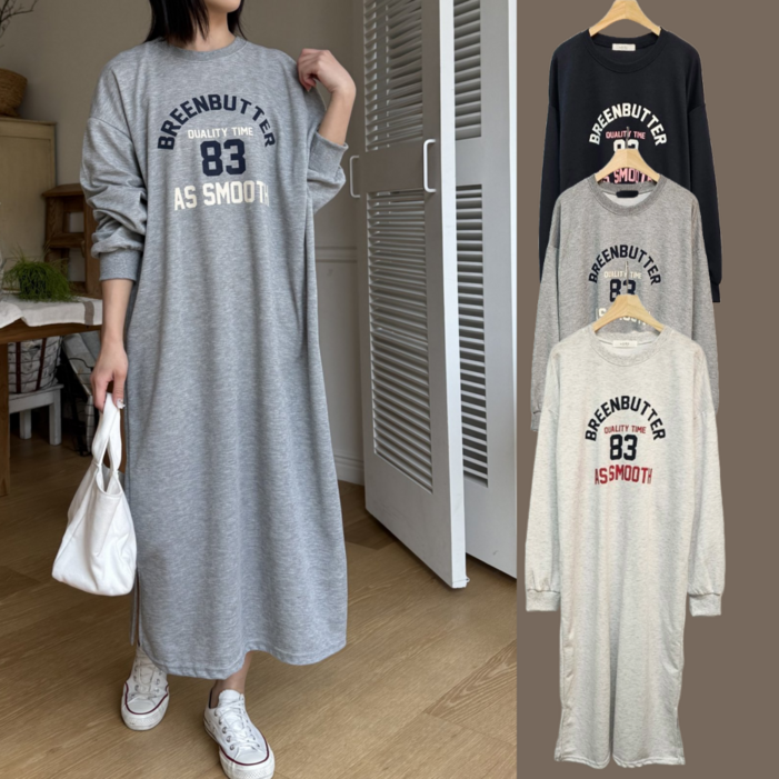 LIONHU 국내제작 여성 긴팔 롱 맨투맨 원피스 루즈핏 레터링 트레이닝 스타일 홈웨어 꾸안꾸룩
