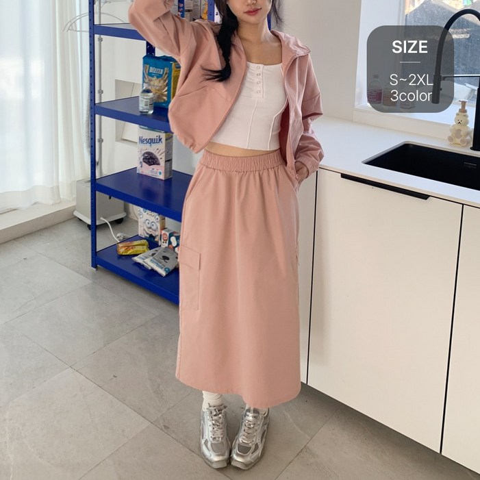 잇진 여성 데일리 바스락 바람막이 집업  카고 롱 스커트 트레이닝 세트