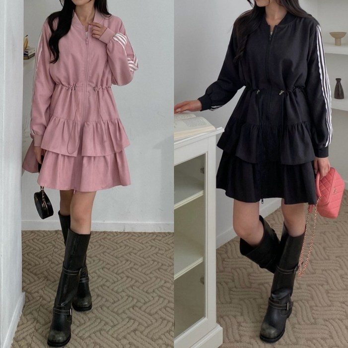 루즈핏 러블리 스트라이프 소매 허리스트링 캉캉 프릴 미디 원피스