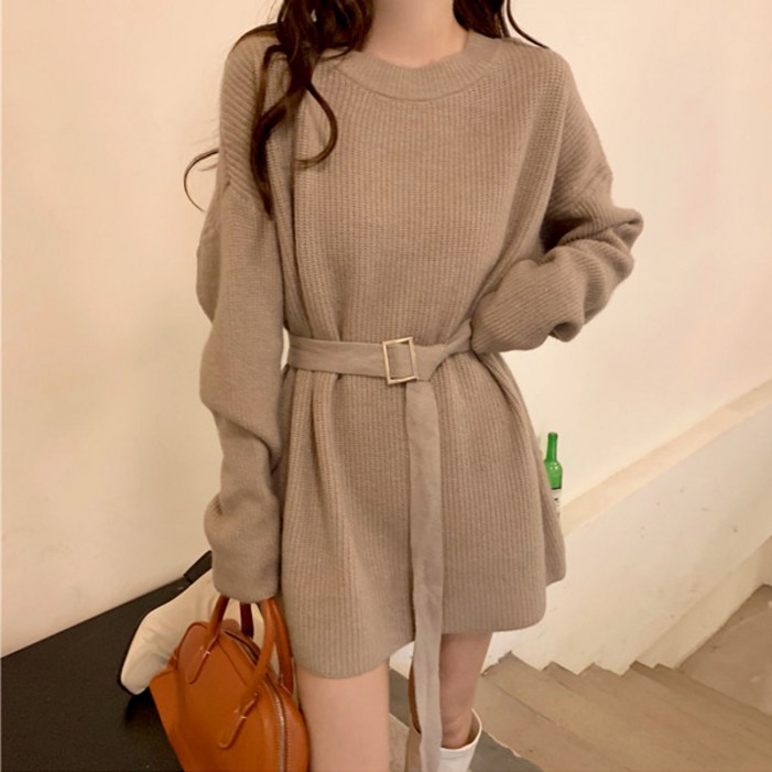 라라홀리 베이직 심플 라운드넥 골지 허리벨트 니트 원피스