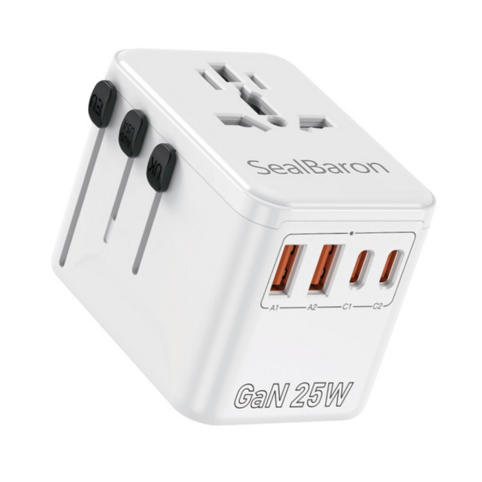 SealBaron 초고속 충전 GaN 25W 고성능 해외 여행용 멀티 플러그 어댑터, 화이트, 1개