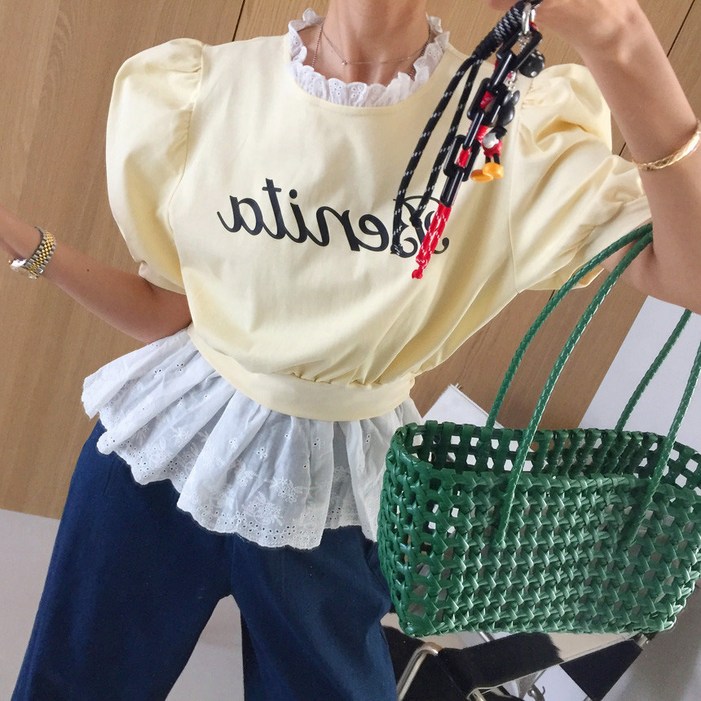 아이미마인 슈가볼 레터링 레이스 펀칭자수 레이어드 벌룬 퍼프 여름 반팔맨투맨 3color