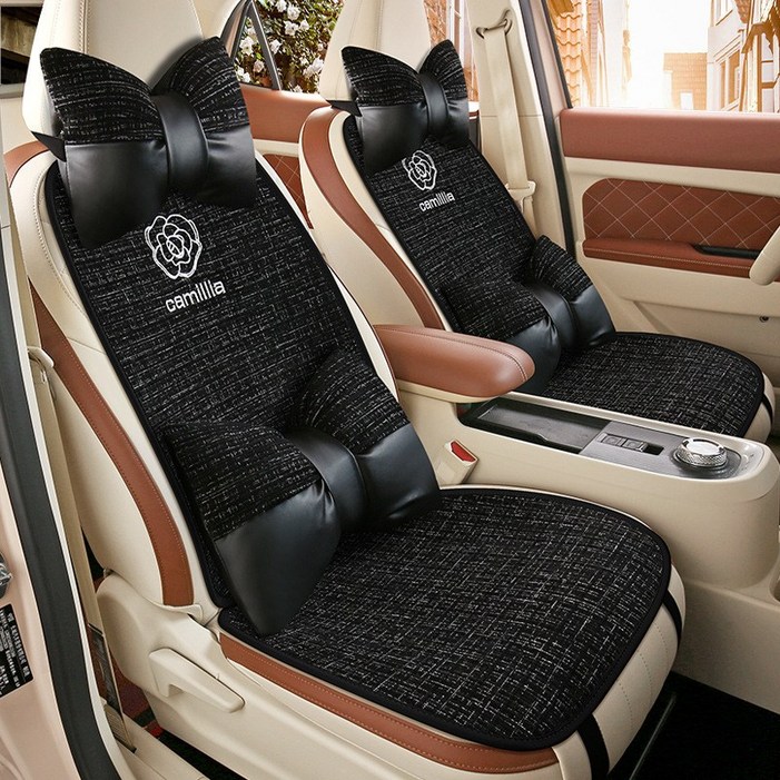 무니유유 자동차 린넨 사계절용 가벼운 통풍 동백꽃 리본 시트커버 전좌석쿠션 11종 세트, 1세트, 블랙