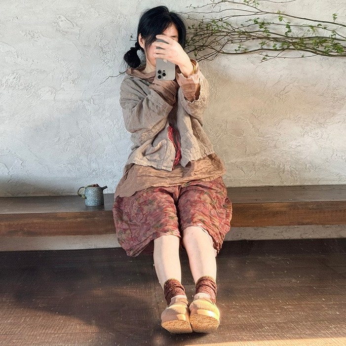 하마마스 린넨 두겹 잔꽃 플라워 모시 5부 반바지