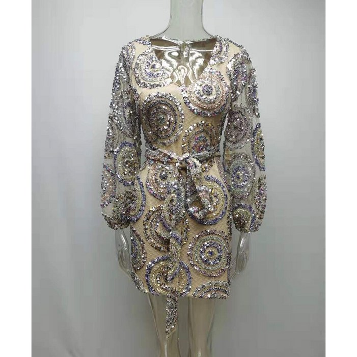 새로운 여성의 플래시 장식 조각 드레스 깊은 V목 긴 소매 캐주얼 미니 여름 드레스 벨트 A2961