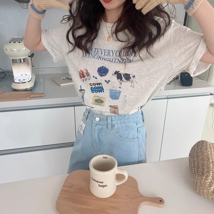 포포픽 여성 봄여름 신상 공기감 있는 소재 모달 소프트 캐릭터 프린트 데일리웨어 반팔 티셔츠