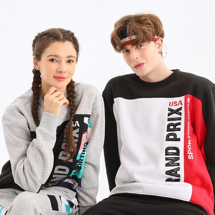 무니크영 FT3004  남녀공용 빅사이즈 베이직 자수 오버핏 그랑프리 배색 맨투맨