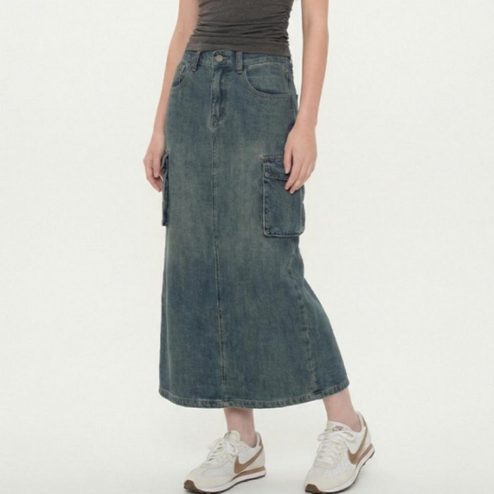 여성 포켓 와이드 청 치마 뒷밴딩 카고 데님 롱 스커트