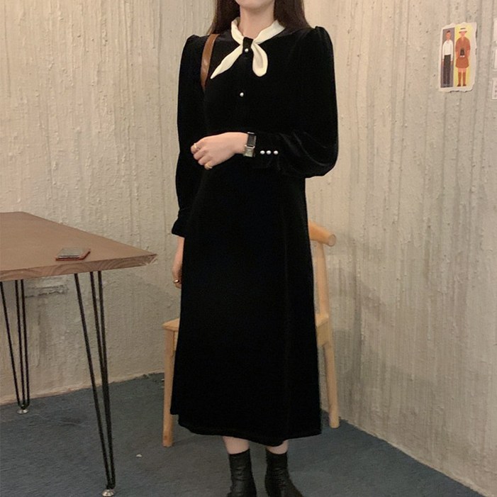 타니즈 여성용 소프트 벨벳 리본타이 연말룩 격식룩 롱원피스