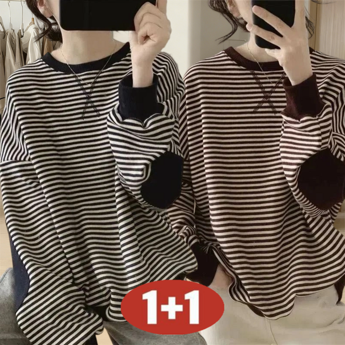 오스틱니 150kg까지 11 날씬해보이는 여성 라운드 스트라이프 클래식 배색 맨투맨 긴팔 티 가을 겨울 빅사이즈 멋지군 BF 루즈핏 간절기 이너 큰옷 캐주얼 여자 티셔츠