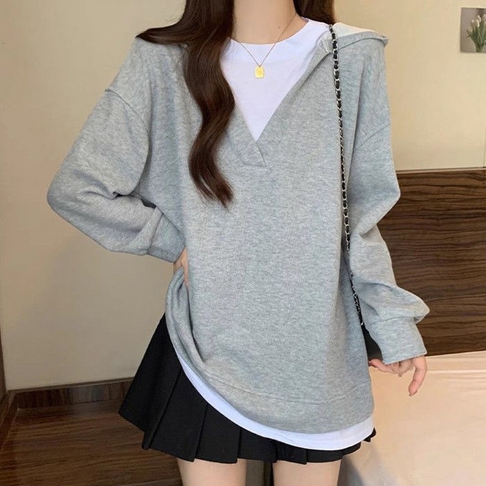 오디스 여성 레이어트 페이크 투피스  후드 맨투맨 5color 데일리 베이직 긴팔티