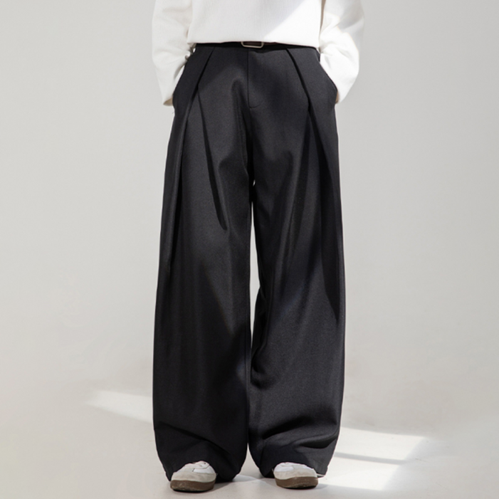 TIMEPURE 남자 정장바지 고급 와이드 세미 슬랙스 사계절 빅사이즈 주름 입체셔링 A라인 디자인 캐주얼 긴바지 일자 통바지 빈티지 편안한 루즈핏 팬츠