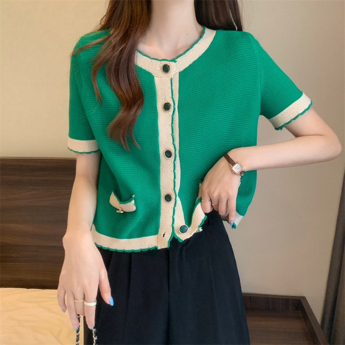 DFMEI 여름 박카라 얇은 카디건 라운드 니트 상의 여