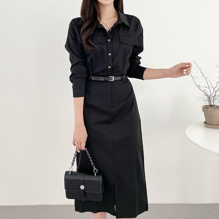 여성 간절기 카라 단추 포켓 허리 벨트 원피스 2color