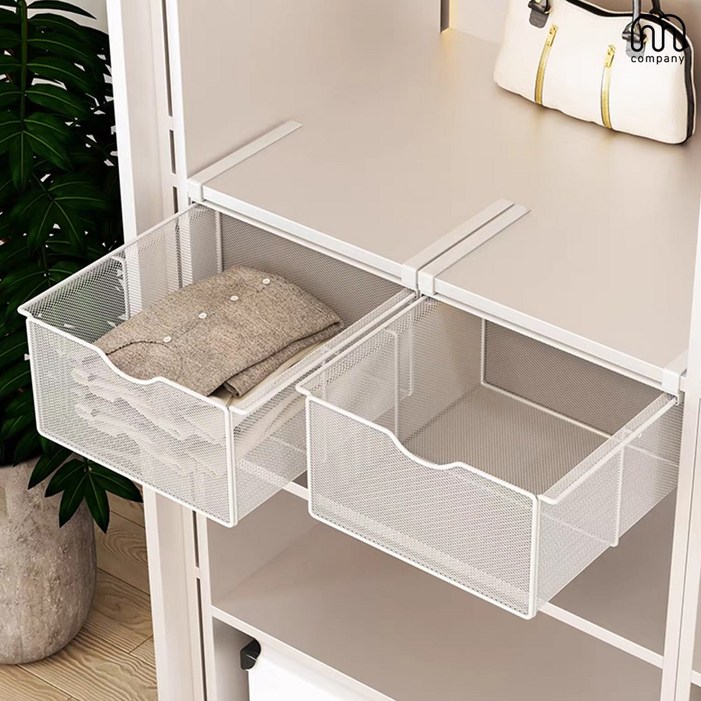 엠컴퍼니 옷장 걸이형 언더선반 바구니 철제 무타공 슬라이딩 정리 수납함 틈새 공간활용 선반 옷정리 트레이 드레스룸 레일선반 정리대 양말 속옷 수납함 MDRN86740000