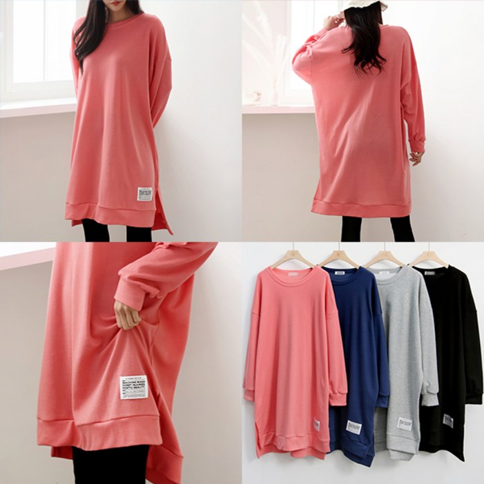 워시 라벨 트임 롱 맨투맨 빅사이즈 여성용 오버핏 롱티 무지티 라벨포인트 긴팔 라운드 데일리룩 레깅스코디 봄 가을 신상