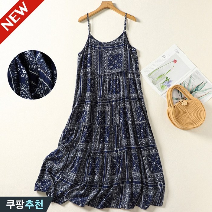 80kg까지 날씬해보이는 여성 빈티지 린넨 편한 에스닉 프린트 맥시 끈 나시 원피스 여름 빅사이즈 블루 민소매 이너 시원한 체크 휴양지 여행 홈웨어 큰옷 여성의류 a라인 롱원피스