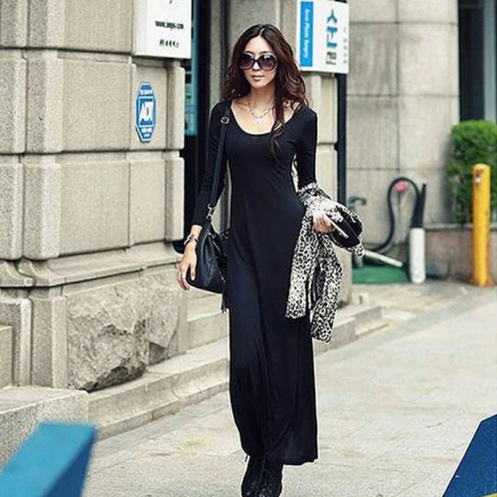 로아 쫀쫀 슬림 긴팔 롱 원피스 무지 라운드넥