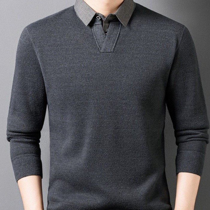 남성 가을 겨울 이중 V넥카라 기모 울 니트