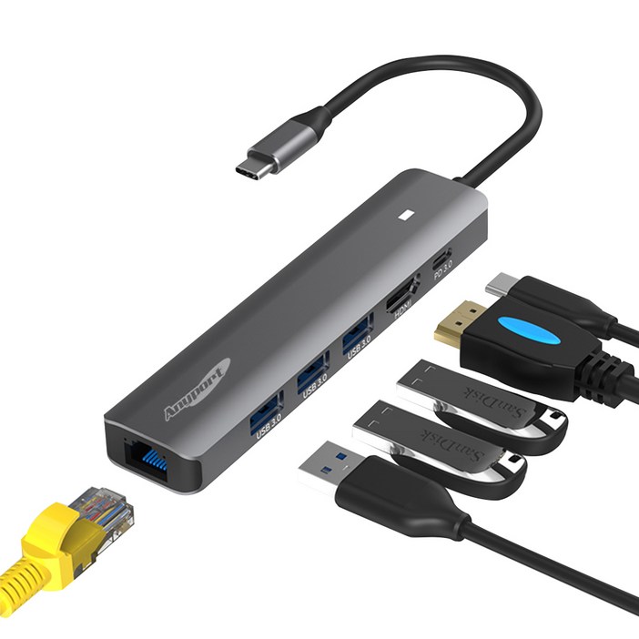 애니포트 6포트 C타입 맥북 PD 충전 삼성 덱스 연결 멀티포트 USB 허브 APTC61PUL, 혼합색상, 1개