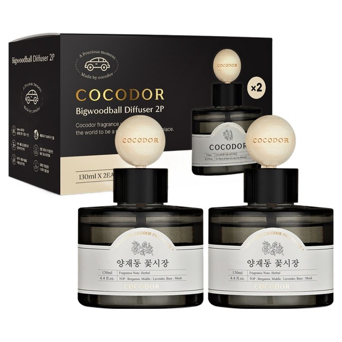 코코도르 프리미엄 빅우드볼 차량용 디퓨저 130ml 2개입, 양재동꽃시장, 1세트