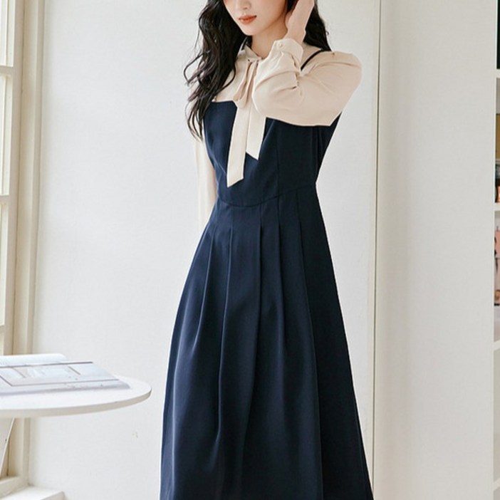 페이퍼먼츠 단정한 리본타이넥 진주 레이어드 원피스 00327